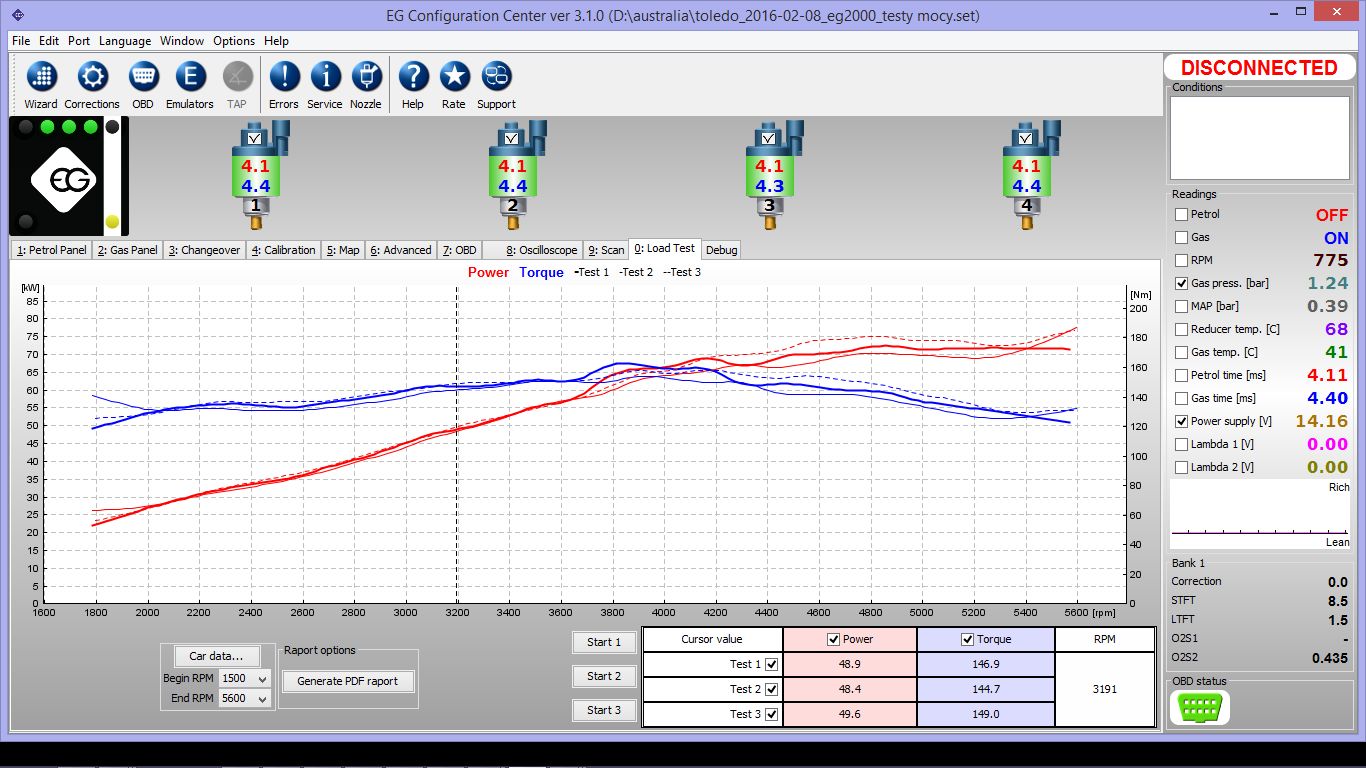 Superior CNG Kit Software Showing Power test results on CNG 